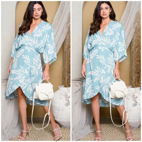 LAST 1❗️Light Blue Tropical Print Kimono Midi Dress - Picture 3 of 4